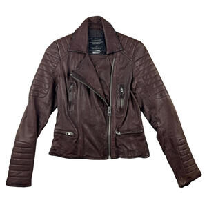 AllSaints Oxblood Leather Biker Jacket Red Brown Size US 2